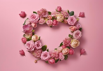 a circular arrangement of pink roses and greenery on a pink background, generative ai
