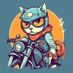 illustration cartoon bandit cat on a motor, generative ai
