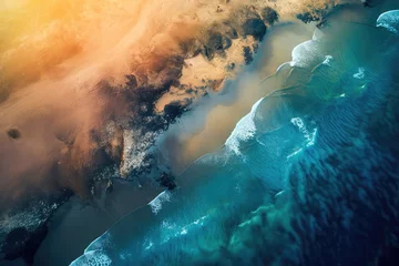 Fotobehang Sandy beach with a drone in the style of atmospheric abstraction, dark indigo and light gold, natural patterns, romantic river landscapes. Generative AI © keks20034