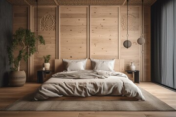 Japandi minimalist bedroom with wooden walls, frame mockup, double bed, pillows, carpets, and decor. Generative AI