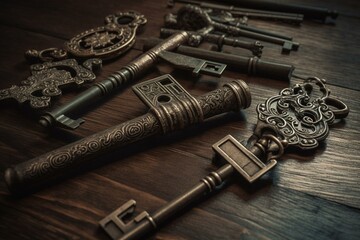Antique keys- buy/sell property. Represents success in business. Renting property. 3D rendered. Space to duplicate. Generative AI