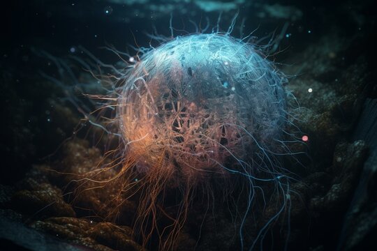 An artistic depiction of Escherichia coli caught in a web-like structure. Generative AI