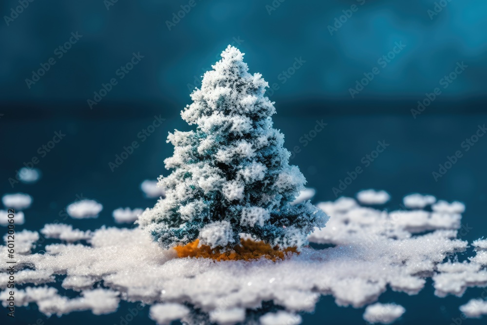 Aufkleber miniature snow-covered tree placed on a table generative ai
