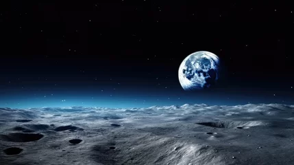 Foto auf Acrylglas Vollmond und Bäume View moon and earth, big monumental distance in the space, deep dark space. Generative AI