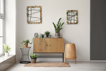 Stylish wooden cabinet with houseplants in interior of room