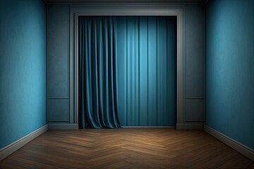 an Empty Room with Blue Curtain and Wooden Floor Generative AI
