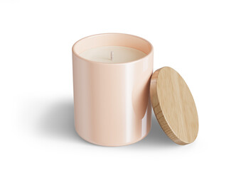 Minimalist candle mockup, beige ceramic candle jar with wooden lid open design-ready 3D render template