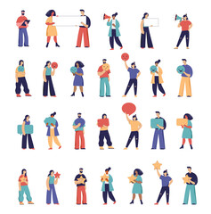 Fototapeta na wymiar Collection of people illustrations. Man and women with speech bubbles, feedback stars, megaphones,. Communication and feedback concept design
