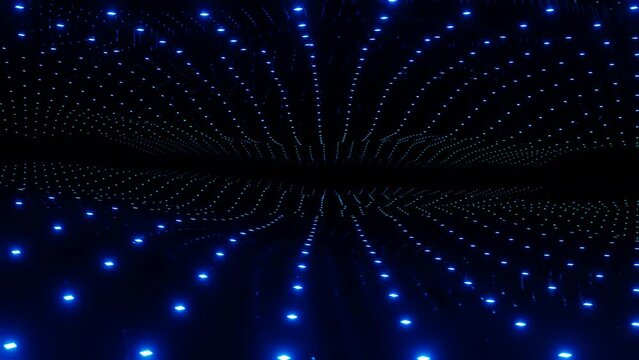 Warped surface with blue glow pattern. Fly through mirror tunnel with neon pattern, glow lines form sci fi pattern. Bright reflection neon light. Simple bg, sci fi structure. 4k looped animation.