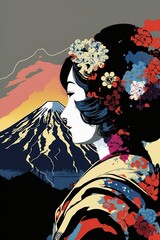 illustration, colorful japanese geisha art, generative ai