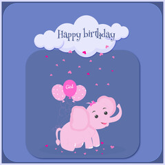 Happy birthday card with elefant and hearts, balloons and clouds for girl
