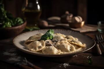Ravioli with cream mushroom sauce and basil on big white plate. rustic style.Generative AI
