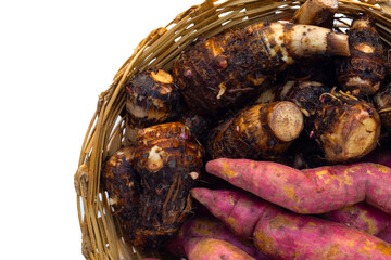 Sweet potato with taro in bamboo basket on white background.