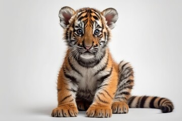 Fototapeta na wymiar cute tiger cub resting on a white surface Generative AI