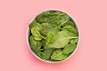 Spinach leaves on pink background.