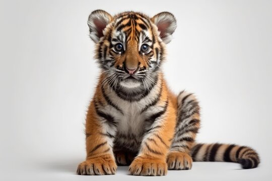 cute tiger cub resting on a white surface Generative AI