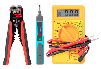 Basic tools for electrician to repair and check electrical installation. Isolated background. - obrazy, fototapety, plakaty