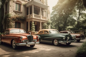 Vintage vehicles parked by historic residence. Generative AI