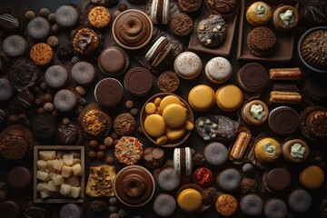 A repeating design of sweets and baked goods, including chocolates, pastries, cookies, and bonbons. Perfect for a confectionery or bakery theme. Generative AI