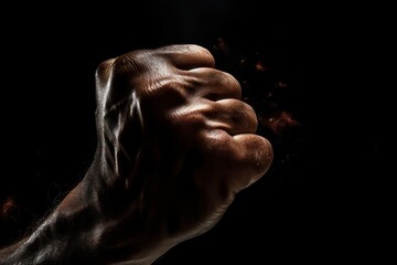 A man clenched his fist on a black background.shaded hand, darkened background .gesture. Generative AI 