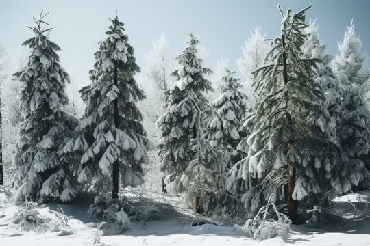High quality cutout image of snow-covered trees in winter. Generative AI