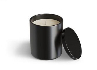 Minimalist candle mockup, black ceramic candle jar with glossy black lid open design-ready 3D render template
