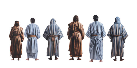 Apostles of Jesus Christ middle eastern men wearing colorful medieval clothing standing view from the back - obrazy, fototapety, plakaty