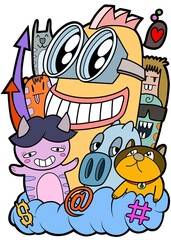Hand-drawn illustrations, monsters doodle, Hand Drawn cartoon monster illustration,Cartoon crowd doodle hand-drawn Doodle style.