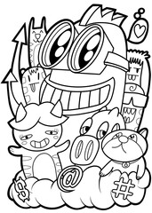 Hand-drawn illustrations, monsters doodle, Hand Drawn cartoon monster illustration,Cartoon crowd doodle hand-drawn Doodle style.black and white stripes coloring  book.