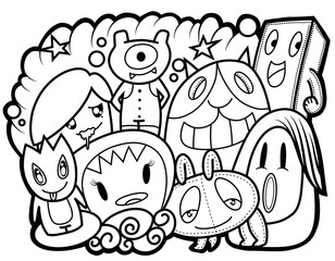 Hand-drawn illustrations, monsters doodle, Hand Drawn cartoon monster illustration,Cartoon crowd doodle hand-drawn Doodle style.black and white stripes coloring  book.