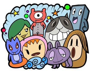 Hand-drawn illustrations, monsters doodle, Hand Drawn cartoon monster illustration,Cartoon crowd doodle hand-drawn Doodle style.