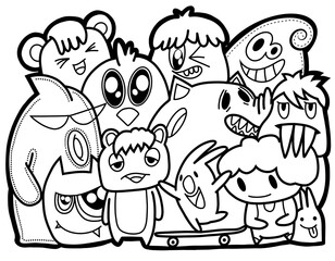 Hand-drawn illustrations, monsters doodle, Hand Drawn cartoon monster illustration,Cartoon crowd doodle hand-drawn Doodle style.black and white stripes coloring  book.