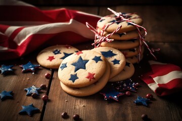 Happy USA Flag Day Homemade cookies with a pattern lies on a wooden table against the background of the American flag.  Generative AI
