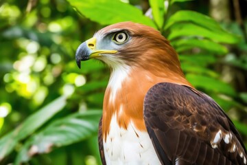 Fototapeta premium majestic bird of prey perched on a branch in a lush forest setting Generative AI