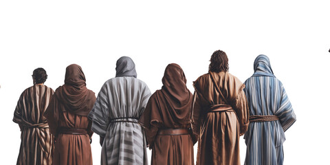 Apostles of Jesus Christ middle eastern men wearing colorful medieval clothing standing view from the back - 601203255