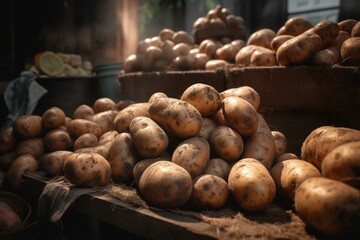 Fresh potatoes displayed on a market stand. Generative AI