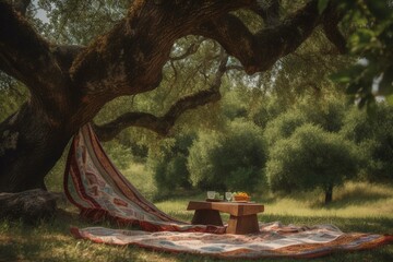 Summer siesta under oak tree on picnic blanket. Generative AI - obrazy, fototapety, plakaty