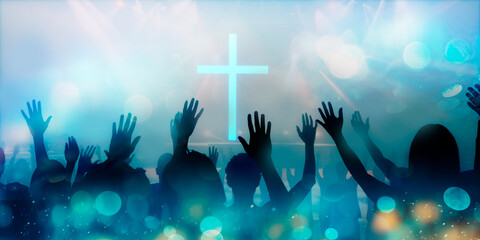 concept christian church worship and praise God show, the silhouette of the hands at concert 3D render