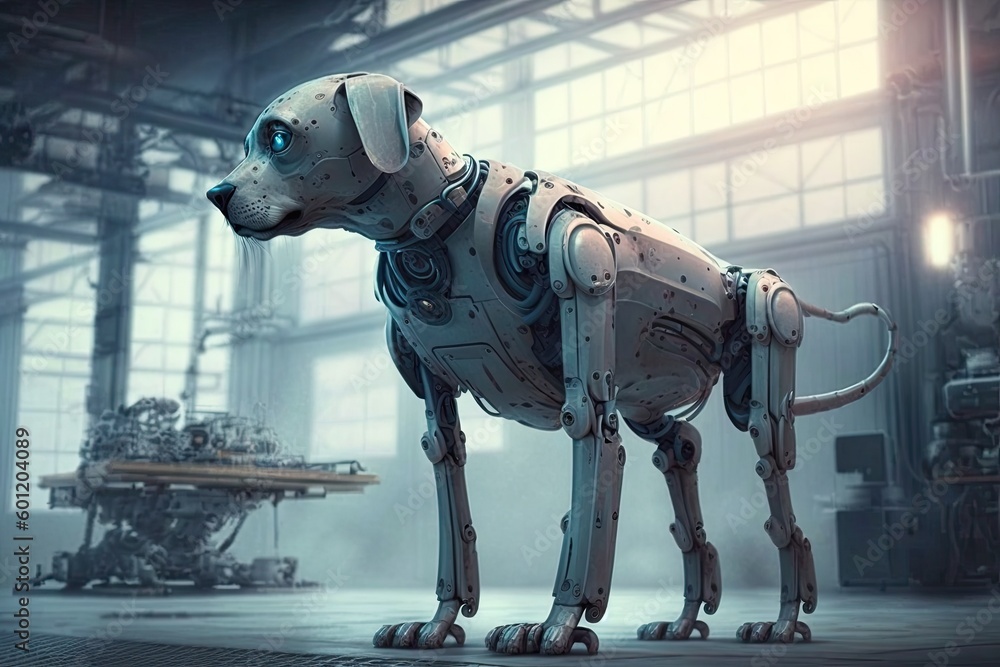 Poster standing dog in a room with a neutral background generative ai
