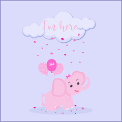 Obraz na płótnie Canvas Card I'm here with elefant and hearts, balloons and clouds for girl birthday
