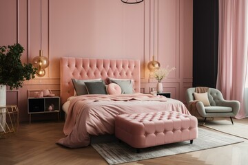Stylish pink bedroom with trendy decor and furniture. Generative AI
