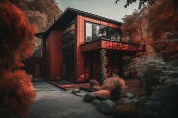 A house made of red wood. Generative AI