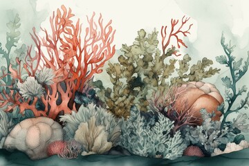 Fototapeta na wymiar A creative illustration of sea plants, corals, and leaves with a watercolor style. Realistic, cartoonish artwork for wallpaper, storytelling, or card designs. Generative AI