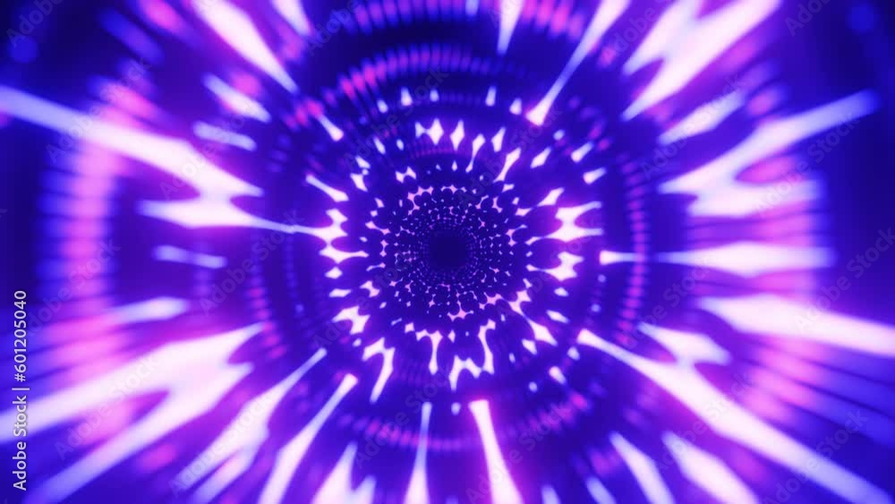 Poster round holographic structures. fly through mirror tunnel with neon pattern, glow lines form sci fi pa