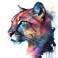 Colorful watercolor illustration of a cougar in galaxy style with transparent background. Generative AI