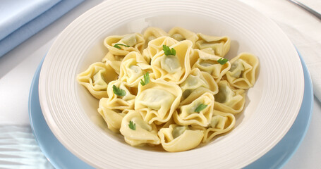 tortelloni on a plate. classic italian pasta with spinach and ricotta on a light background. dish of mediterranean cuisine. food on the table on a sunny day.
