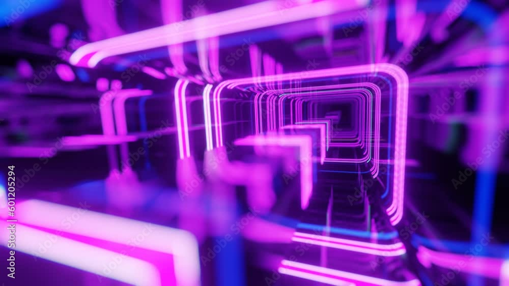 Poster 4k seamless looped animation. fly through mirror tunnel with neon pattern, glow lines form sci fi pa