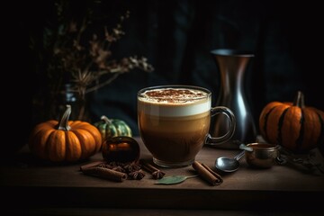 Warm fall drink with hints of cinnamon, nutmeg, and clove in a coffee and pumpkin-based latte. Generative AI