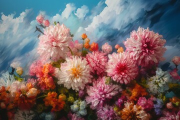 Fototapeta na wymiar A painted artwork of colorful flowers and fluffy clouds in the sky. Generative AI