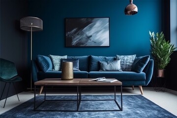 Blue home interior with sofa, coffee table, and carpet. Generative AI